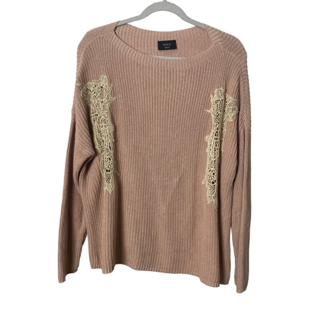 Vici Women Sz Small Pink Cotton Unique Lace Accent Round Neck Pullover Sweater‎